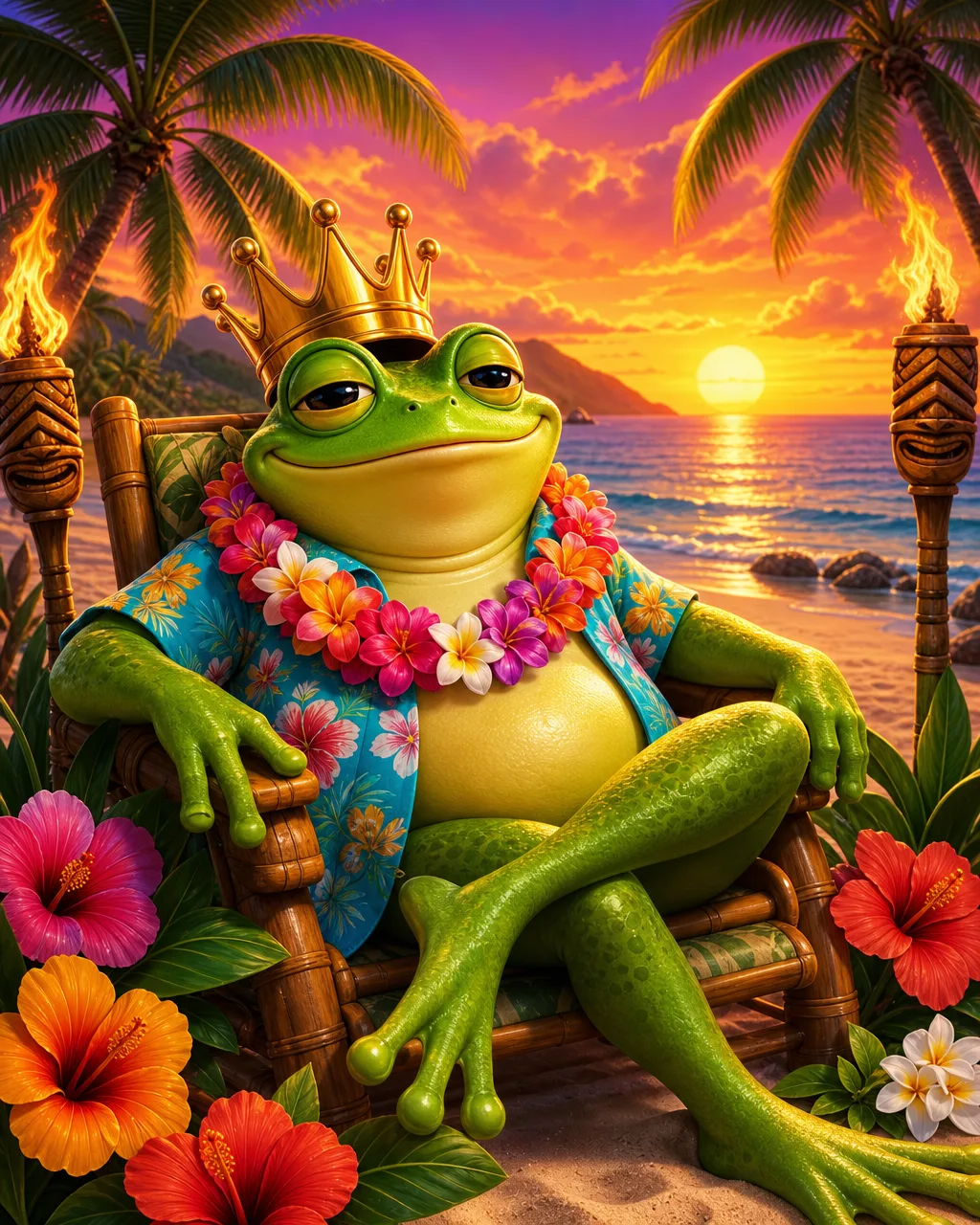 Portada del slot Aloha King Elvis: una rana con corona y collar de flores en una playa tropical