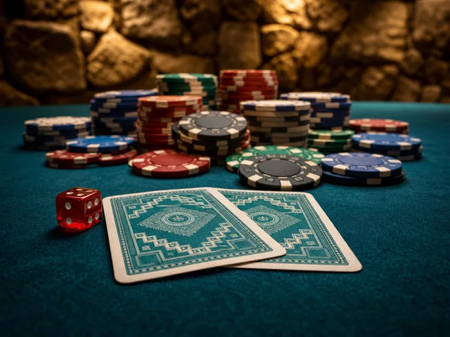 Dos cartas boca abajo, un dado y fichas de colores sobre una mesa de póker