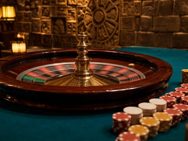 Rueda de ruleta y pilas de fichas sobre una mesa de casino